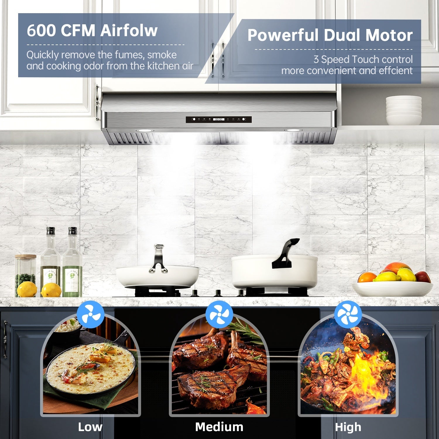 36" 900 CFM Ducted Under Cabinet Range Hood with Baffle Filter, LED Lights and Gesture Control in Stainless Steel