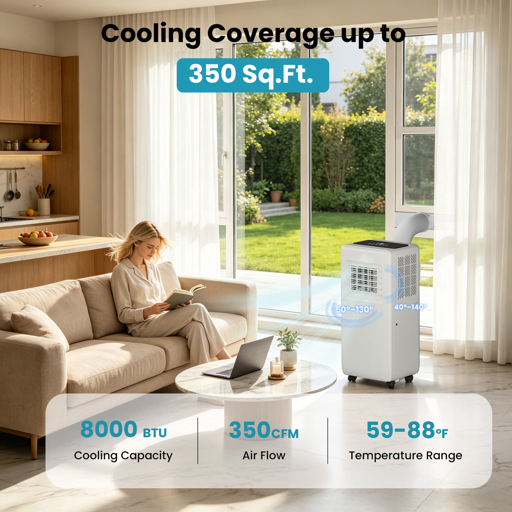 8000 BTU Portable Air Conditioner, 4-In-1 Cooling / Dehumidifier / Fan / Sleep Mode, Remote Control, 24H Timer, For Rooms Up To 350 Sq.Ft