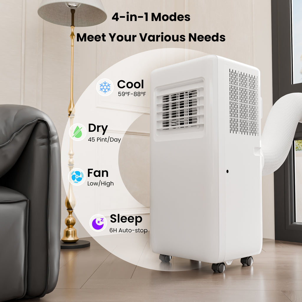 8000 BTU Portable Air Conditioner, 4-In-1 Cooling / Dehumidifier / Fan / Sleep Mode, Remote Control, 24H Timer, For Rooms Up To 350 Sq.Ft