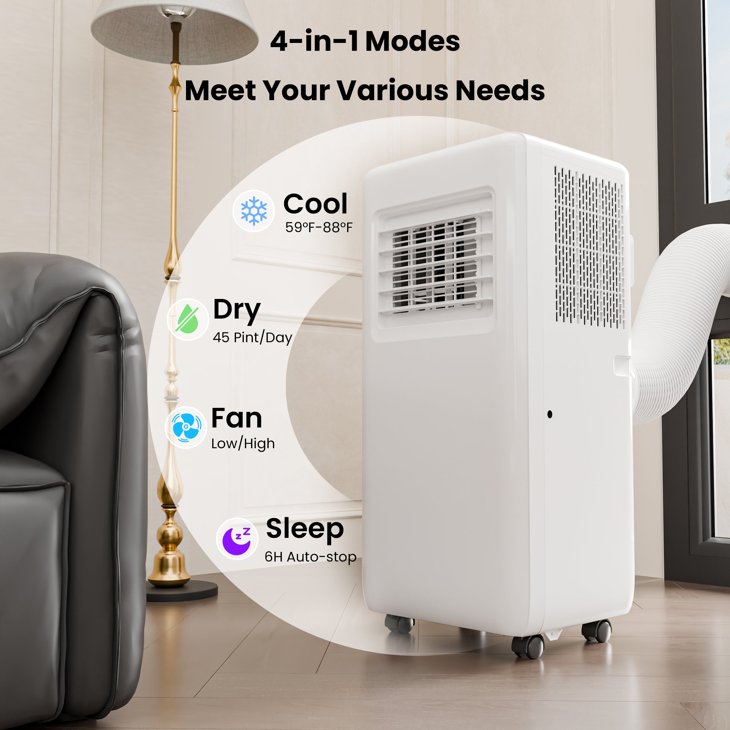 8000 BTU Portable Air Conditioner, 4-In-1 Cooling / Dehumidifier / Fan / Sleep Mode, Remote Control, 24H Timer, For Rooms Up To 350 Sq.Ft