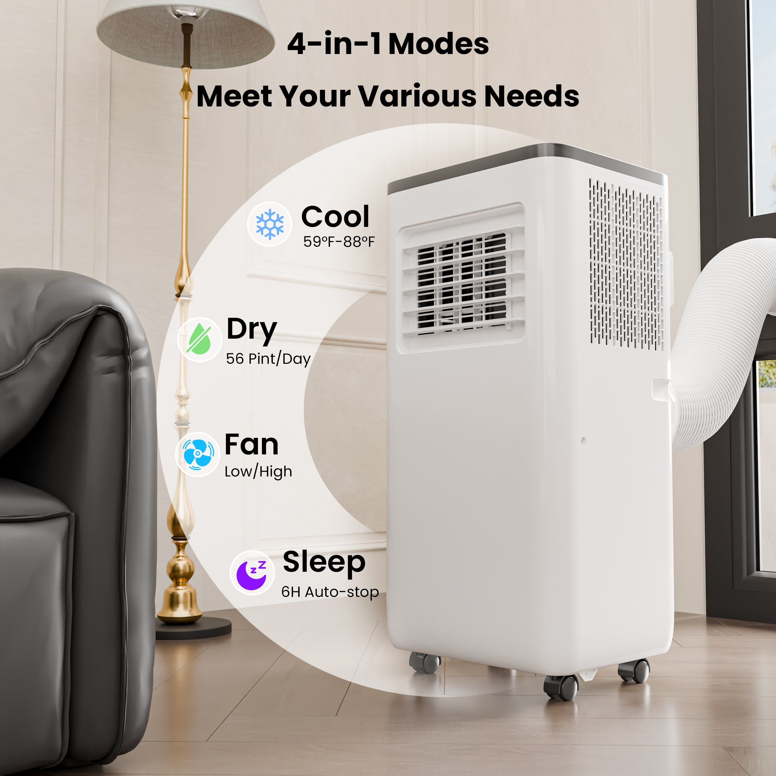 10000 BTU Portable Air Conditioner, 4-In-1 Cooling / Dehumidifier / Fan / Sleep Mode, Remote Control, 24H Timer, For Rooms Up To 450 Sq.Ft