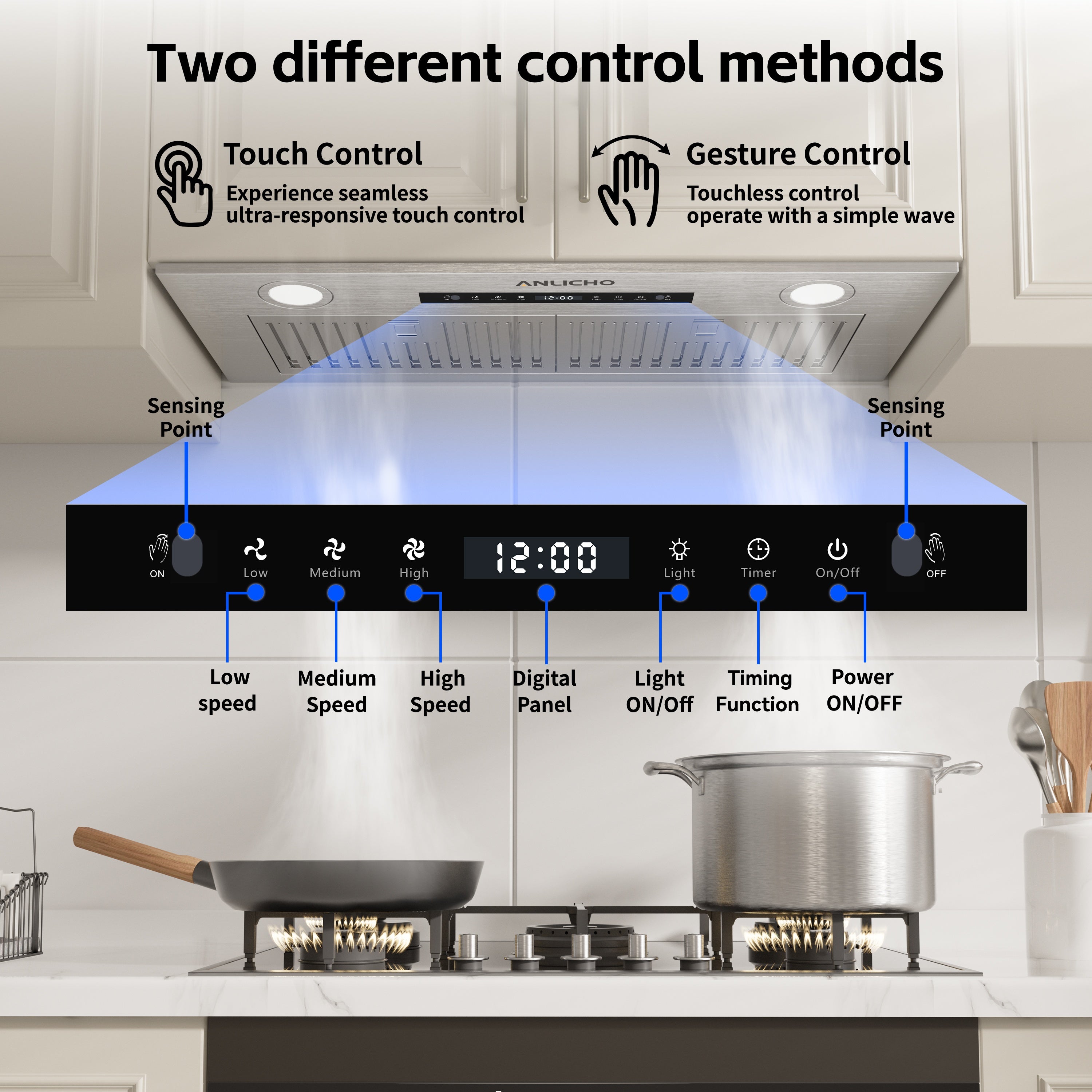 30" 900 CFM Stainless Steel Insert Range Hood, Convertible Ducted/Ductless, Touch & Gesture Control, LED