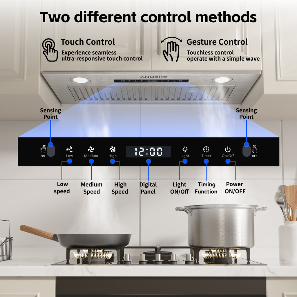 36" 900 CFM Stainless Steel Insert Range Hood, Convertible Ducted/Ductless, Touch & Gesture Control, LED