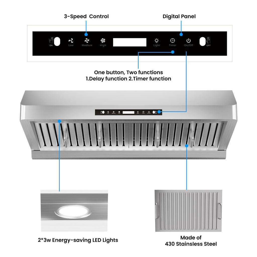 36 in. 900 CFM convertible Under Cabinet Range Hood in Stainless Steel with 3-Way Venting and Removable GU10 LED