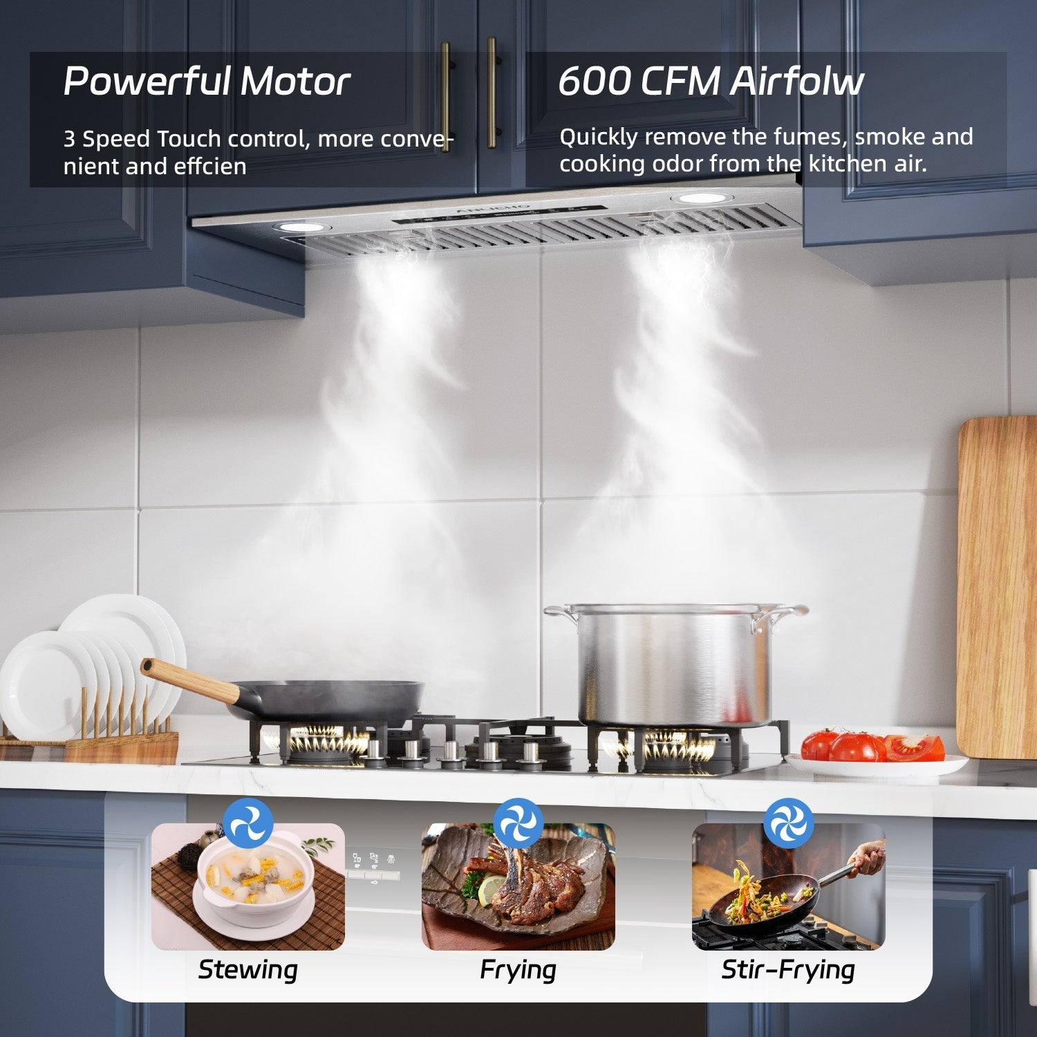 36" 900 CFM Stainless Steel Insert Range Hood, Convertible Ducted/Ductless, Touch & Gesture Control, LED