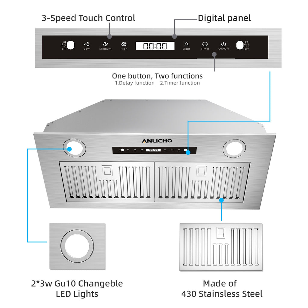 36" 900 CFM Stainless Steel Insert Range Hood, Convertible Ducted/Ductless, Touch & Gesture Control, LED