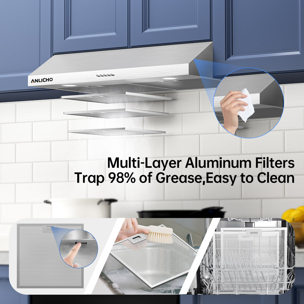 30" Under Cabinet Range Hood, 250 CFM Convertible (Ducted/Ductless), Stainless Steel, LED Light, Charcoal Filter, 5-Layer Baffle Filter, Easy Clean