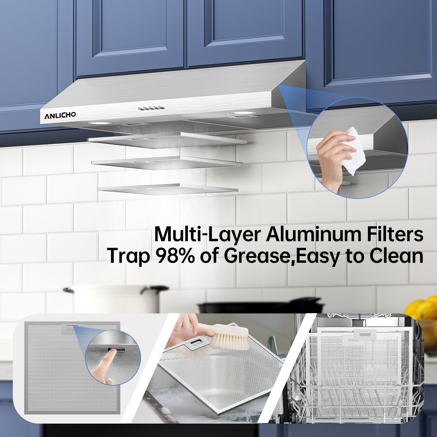 30" Under Cabinet Range Hood, 250 CFM Convertible (Ducted/Ductless), Stainless Steel, LED Light, Charcoal Filter, 5-Layer Baffle Filter, Easy Clean