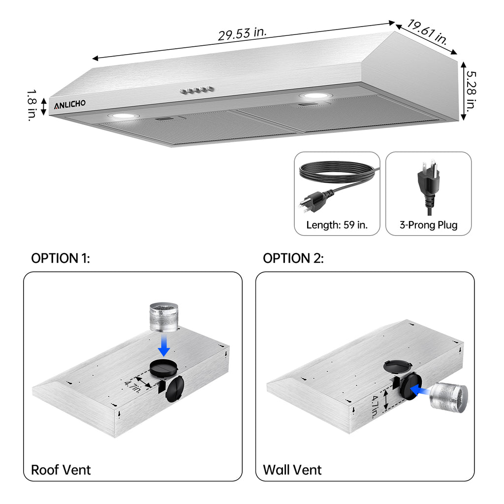 30" Under Cabinet Range Hood, 250 CFM Convertible (Ducted/Ductless), Stainless Steel, LED Light, Charcoal Filter, 5-Layer Baffle Filter, Easy Clean