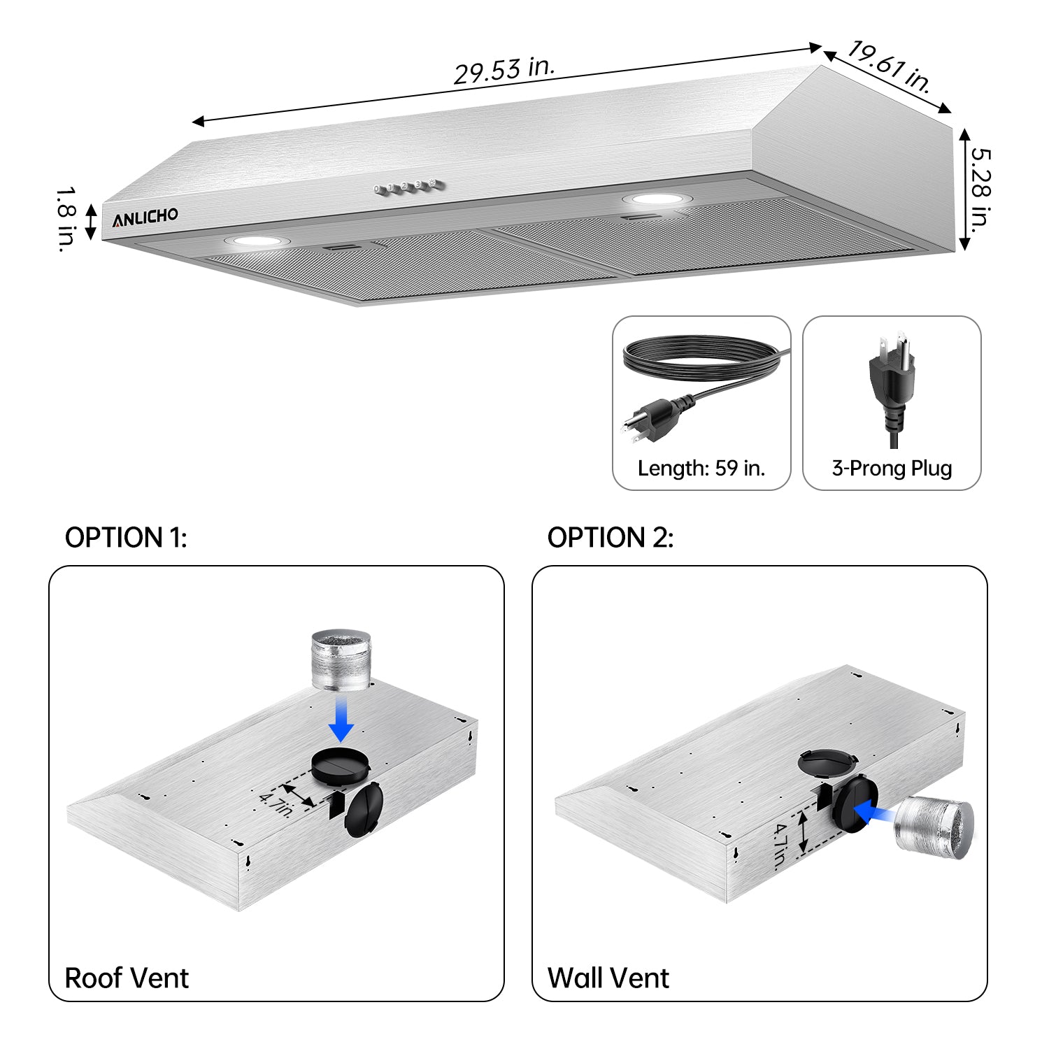 30" Under Cabinet Range Hood, 250 CFM Convertible (Ducted/Ductless), Stainless Steel, LED Light, Charcoal Filter, 5-Layer Baffle Filter, Easy Clean