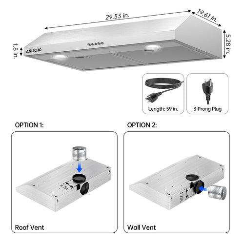 30" Under Cabinet Range Hood, 250 CFM Convertible (Ducted/Ductless), Stainless Steel, LED Light, Charcoal Filter, 5-Layer Baffle Filter, Easy Clean