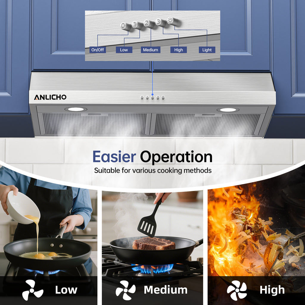 30" Under Cabinet Range Hood, 250 CFM Convertible (Ducted/Ductless), Stainless Steel, LED Light, Charcoal Filter, 5-Layer Baffle Filter, Easy Clean