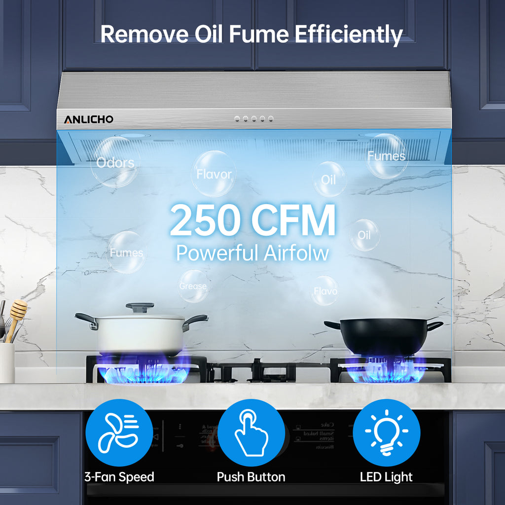 30" Under Cabinet Range Hood, 250 CFM Convertible (Ducted/Ductless), Stainless Steel, LED Light, Charcoal Filter, 5-Layer Baffle Filter, Easy Clean